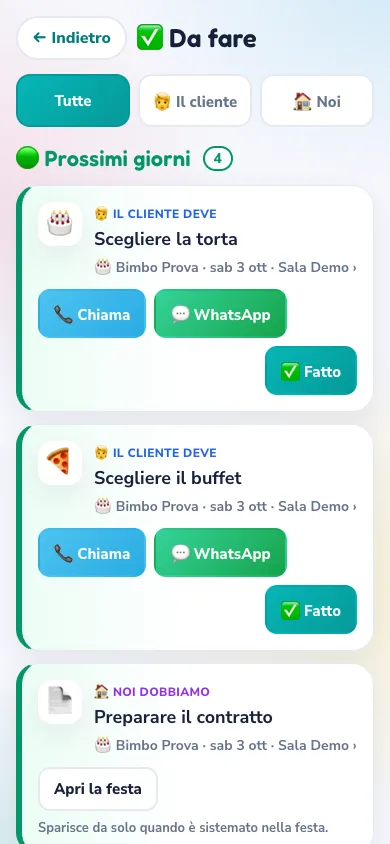 PlayGest Easy: elenco delle cose da fare per ogni festa