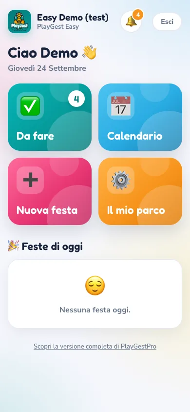 PlayGest Easy: schermata principale con Da fare, Calendario, Nuova festa e Il mio parco